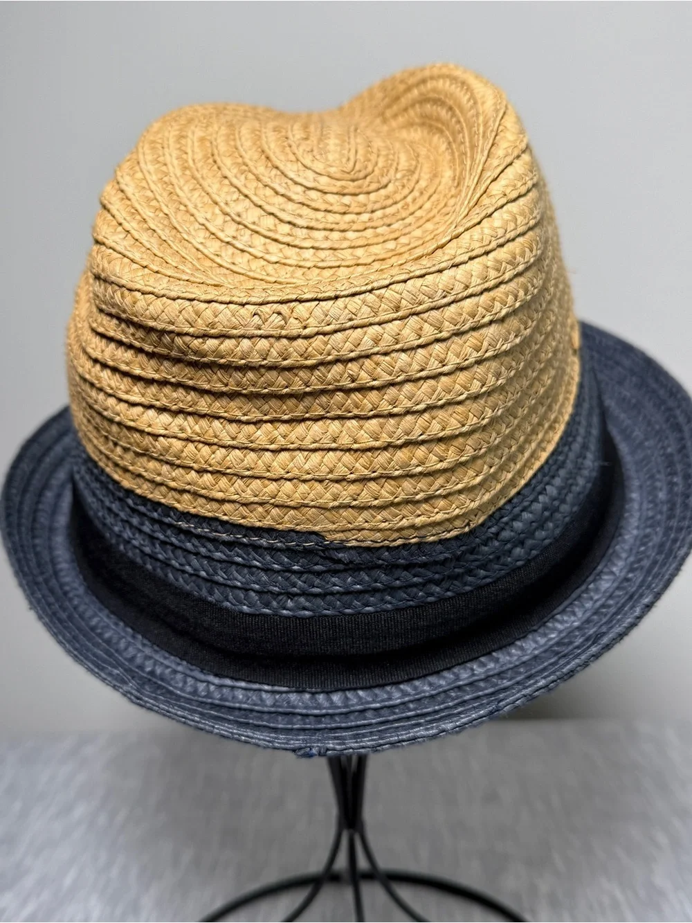 Original Penguin Two-Tone Natural Navy Straw Fedora Porkpie Summer Hat L/XL
